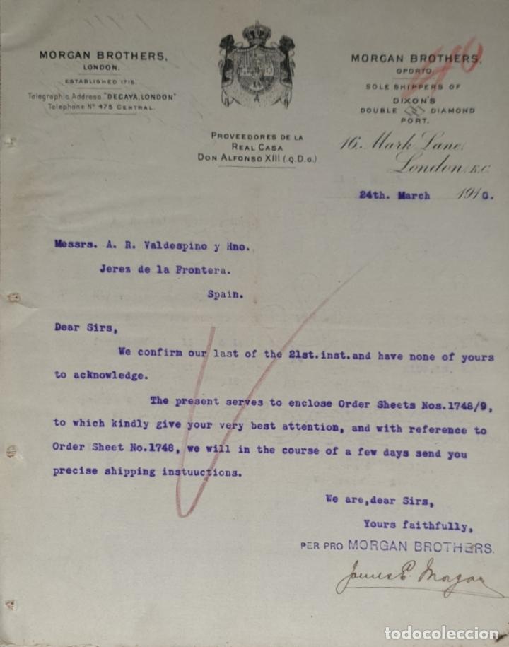 Commercial Letters: Carta comercial. Morgan Brothers. Proveedores de la Casa Real Don Alfonso XIII. London 1910