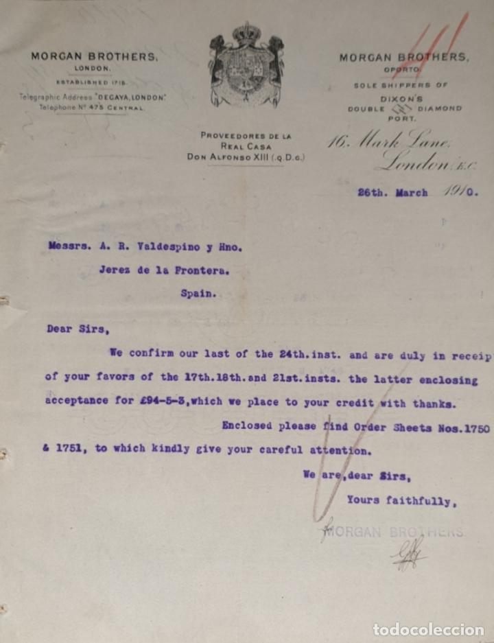 Commercial Letters: Carta comercial. Morgan Brothers. Proveedores de la Casa Real Don Alfonso XIII. London 1910