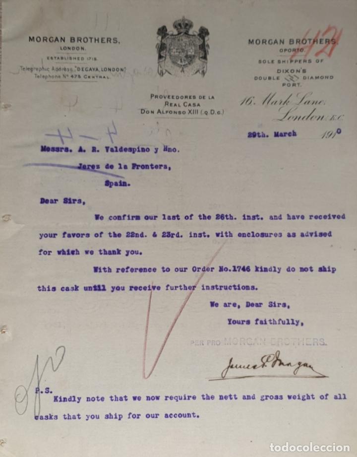 Commercial Letters: Carta comercial. Morgan Brothers. Proveedores de la Casa Real Don Alfonso XIII. London 1910