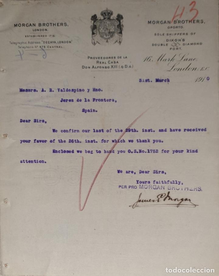 Commercial Letters: Carta comercial. Morgan Brothers. Proveedores de la Casa Real Don Alfonso XIII. London 1910