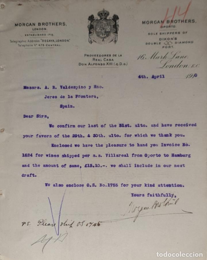 Commercial Letters: Carta comercial. Morgan Brothers. Proveedores de la Casa Real Don Alfonso XIII. London 1910