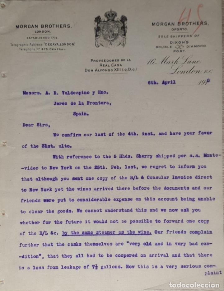 Commercial Letters: Carta comercial. Morgan Brothers. Proveedores de la Casa Real Don Alfonso XIII. London 1910