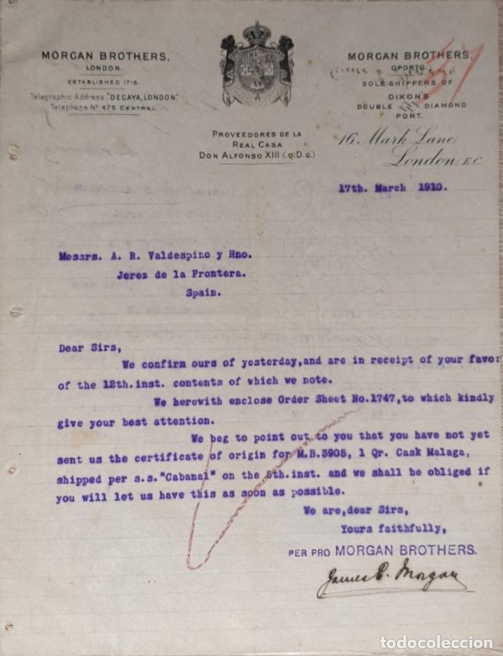 Commercial Letters: Carta comercial. Morgan Brothers. Proveedores de la Casa Real Don Alfonso XIII. London 1910