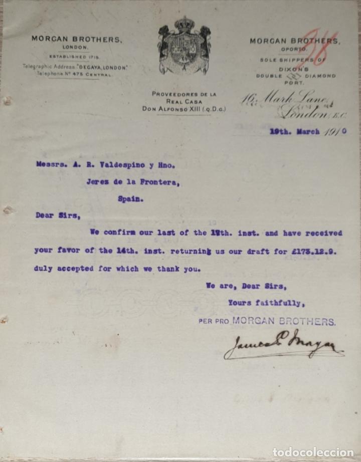 Commercial Letters: Carta comercial. Morgan Brothers. Proveedores de la Casa Real Don Alfonso XIII. London 1910