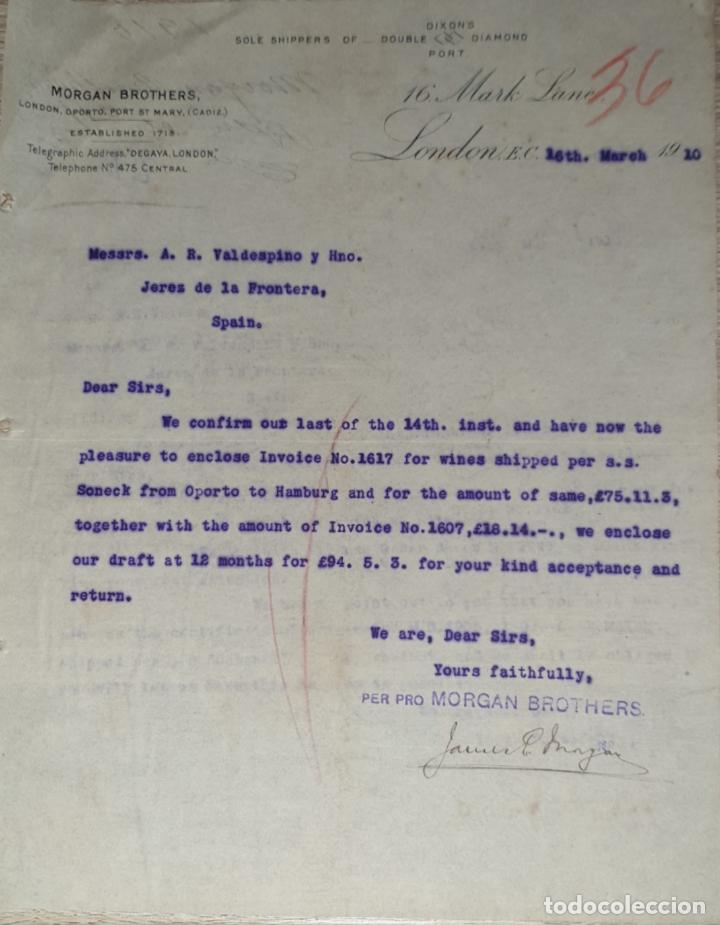 Commercial Letters: Carta comercial. Morgan Brothers. Proveedores de la Casa Real Don Alfonso XIII. London 1910