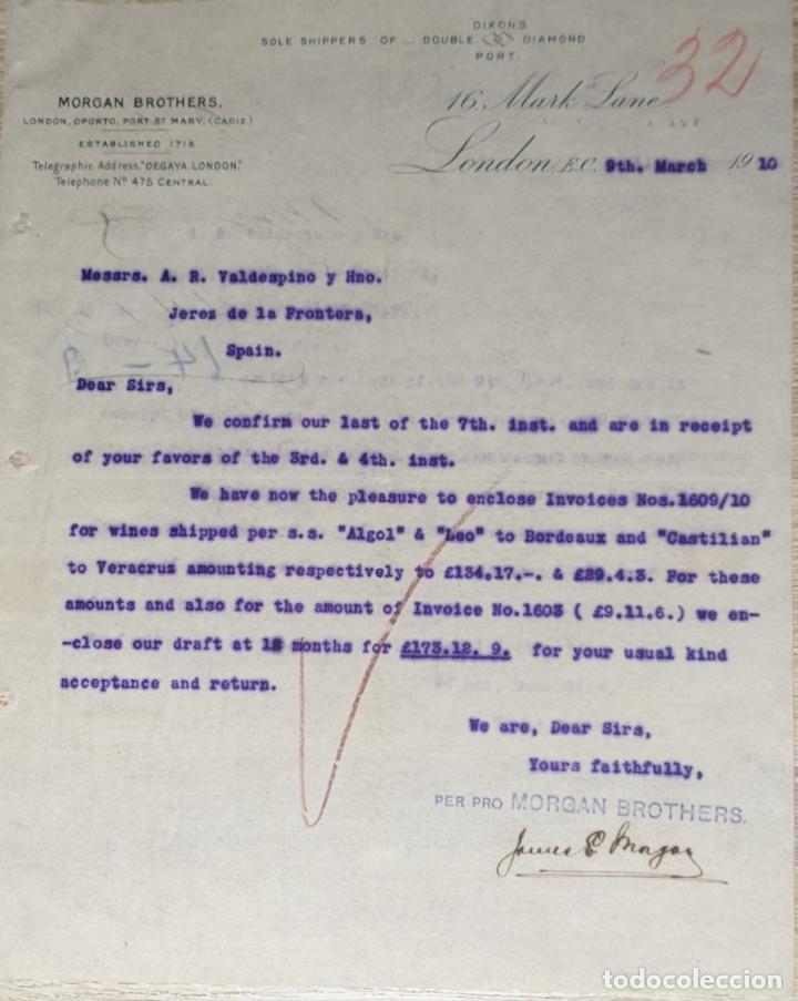 Commercial Letters: Carta comercial. Morgan Brothers. Proveedores de la Casa Real Don Alfonso XIII. London 1910