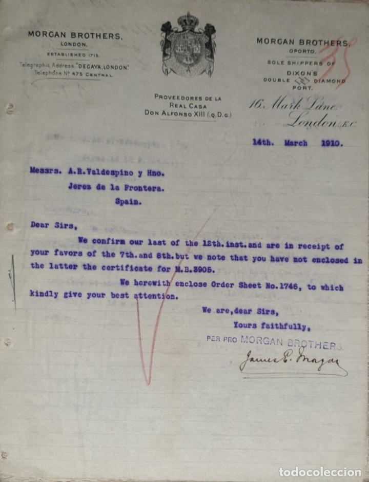 Gesch&auml;ftsbriefe: Carta comercial. Morgan Brothers. Proveedores de la Casa Real Don Alfonso XIII. London 1910