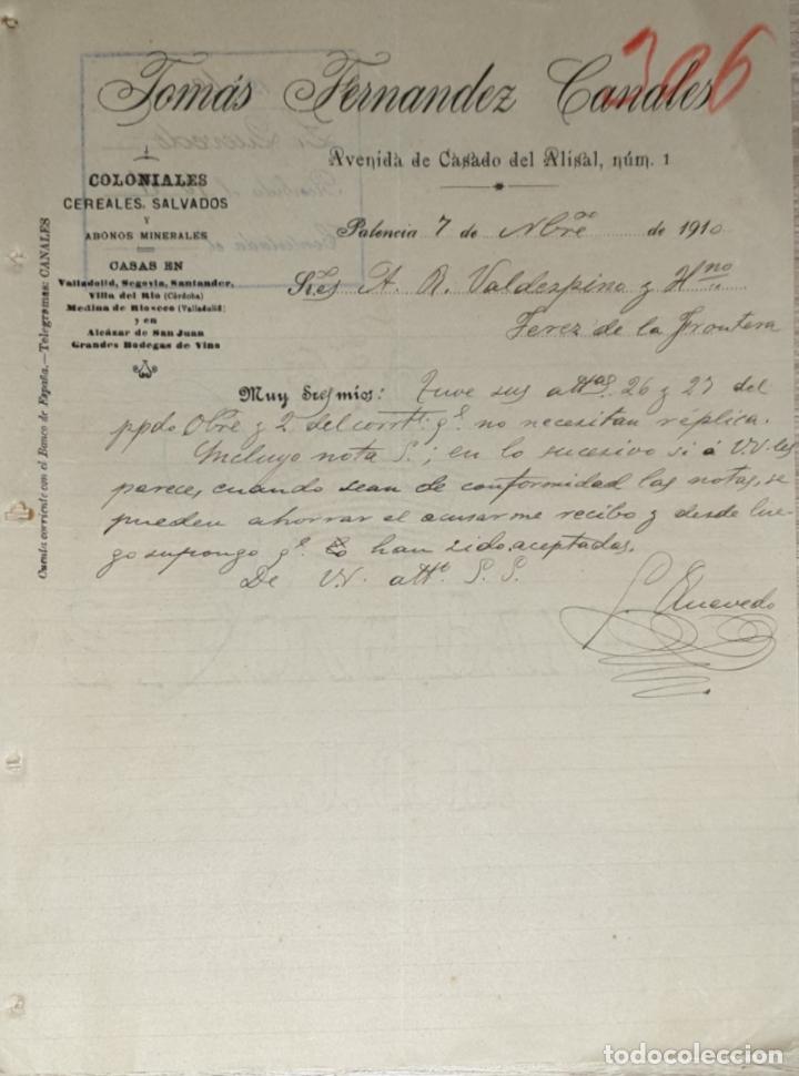 Gesch&auml;ftsbriefe: Carta comercial. Tom&aacute;s Fernandez Canales. Coloniales. Palencia. Espa&ntilde;a 1910
