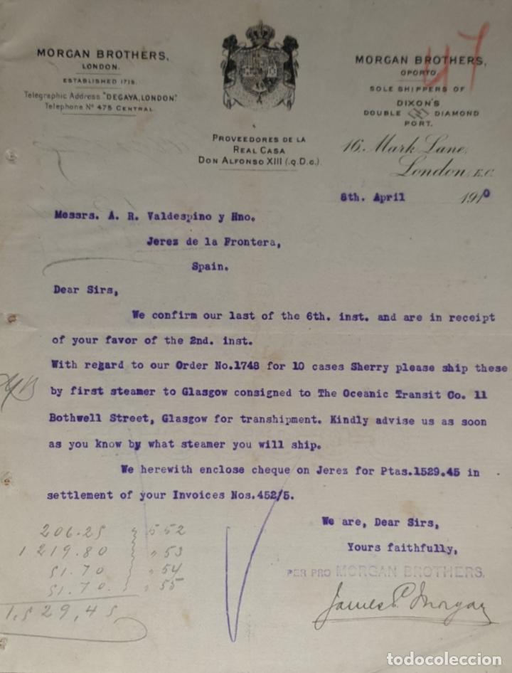 Gesch&auml;ftsbriefe: Carta comercial. Morgan Brothers. Proveedores de la Casa Real Don Alfonso XIII. London 1910