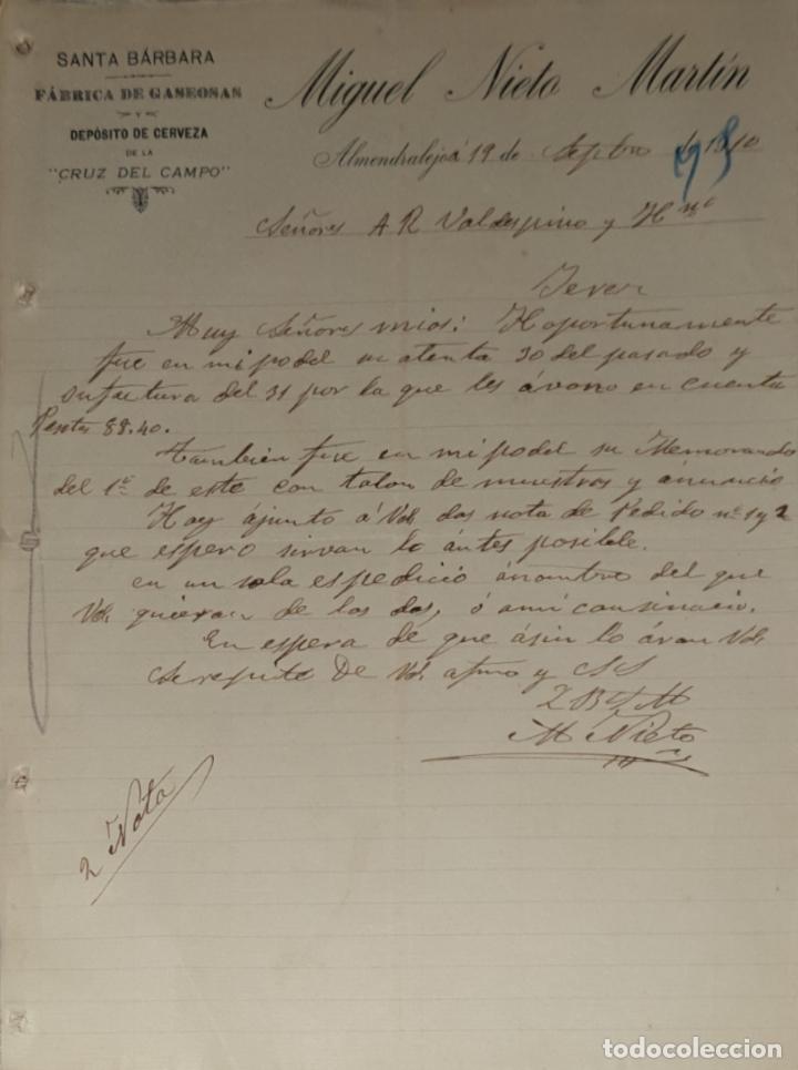 Gesch&auml;ftsbriefe: Carta comercial. Miguel Nieto Mart&iacute;n. Santa B&aacute;rbara. F&aacute;brica de gaseosas. Almendralejo. Espa&ntilde;a 1910