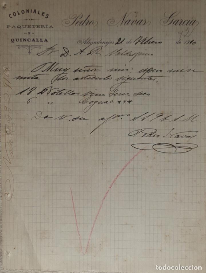 Gesch&auml;ftsbriefe: Carta comercial. Pedro Navas Garc&iacute;a. Coloniales. Paqueter&iacute;a y Quincalla. Almendralejo. Espa&ntilde;a 1910