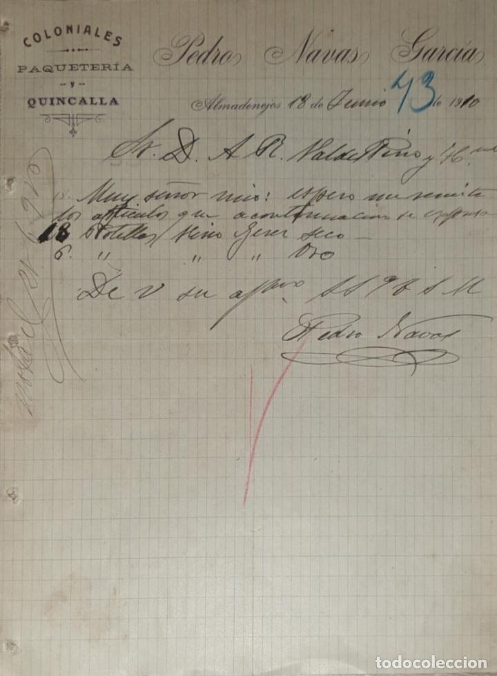 Gesch&auml;ftsbriefe: Carta comercial. Pedro Navas Garc&iacute;a. Coloniales. Paqueter&iacute;a y Quincalla. Almendralejo. Espa&ntilde;a 1910