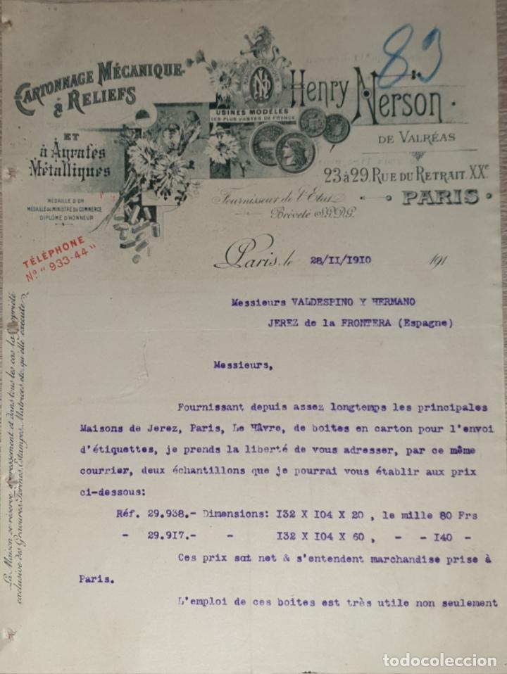 Gesch&auml;ftsbriefe: Carta comercial. Henry Nerson. Cartonnage M&eacute;canique a Reliefs. Par&iacute;s 1910