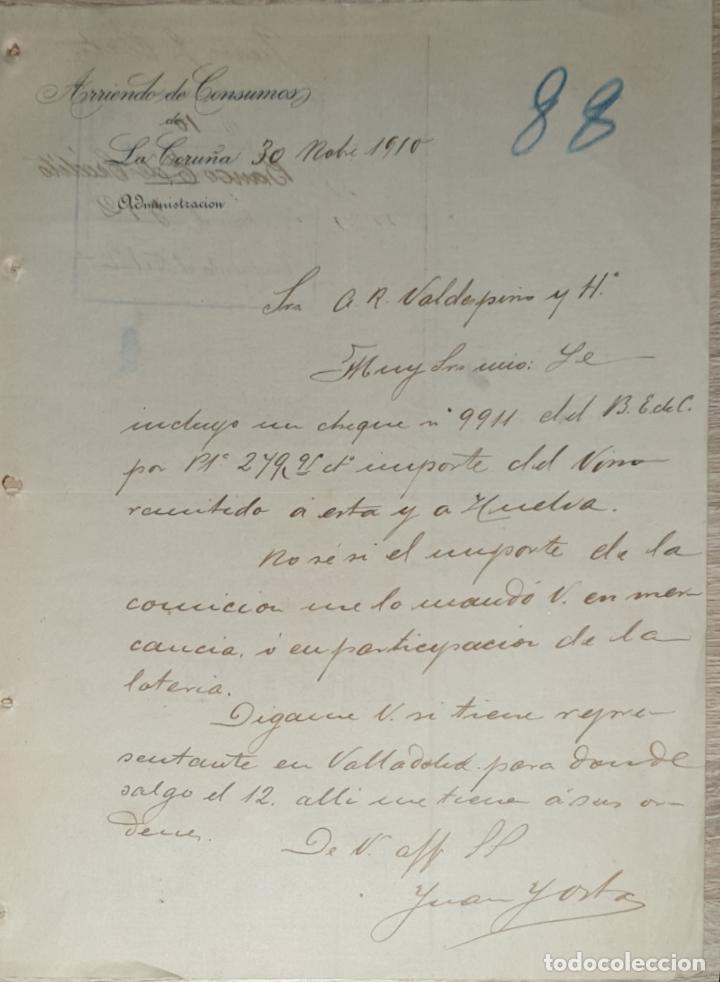 Lettres commerciales: Carta comercial. Arriendo de Consumos de la Coru&ntilde;a. Administraci&oacute;n. La Coru&ntilde;a. Espa&ntilde;a 1910