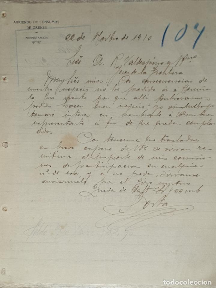 Gesch&auml;ftsbriefe: Carta comercial. Arriendo de Consumos de Orense. Administraci&oacute;n. La Coru&ntilde;a. Espa&ntilde;a 1910