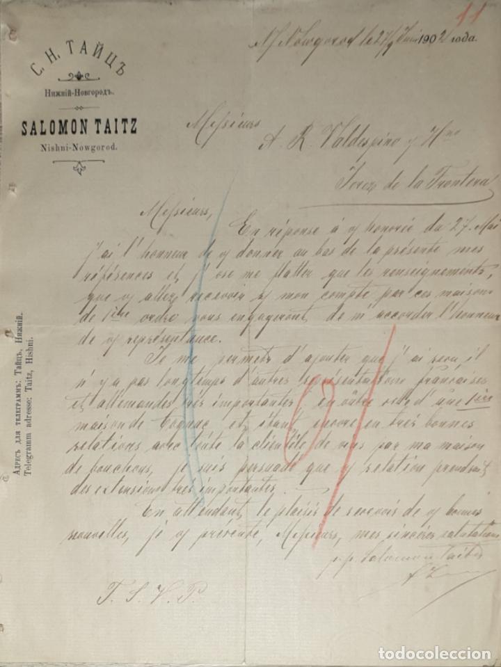 Gesch&auml;ftsbriefe: Carta comercial. C.H. Ta&ntilde;ub. Salomon Taitz. Nishni-Nowgorod. Rusia 1902
