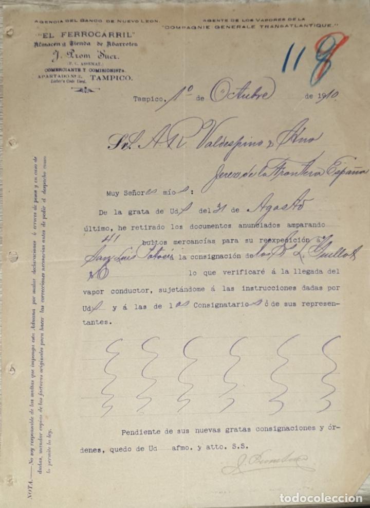 Gesch&auml;ftsbriefe: carta comercial. J. Prom Suer. El Ferrocarril. Almac&eacute;n y Tienda de Abarrotes. Tampico. M&eacute;xico 1910