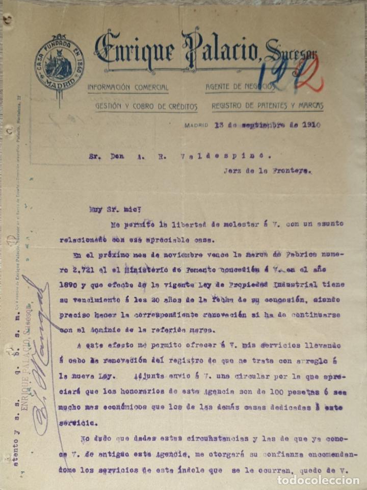 Gesch&auml;ftsbriefe: Carta comercial. Enrique Palacio Sucesor. Agente de negocios. Madrid. Espa&ntilde;a 1910