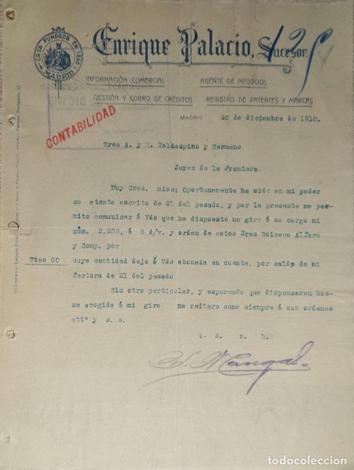 Gesch&auml;ftsbriefe: Carta comercial. Enrique Palacio Sucesor. Agente de negocios. Madrid. Espa&ntilde;a 1910
