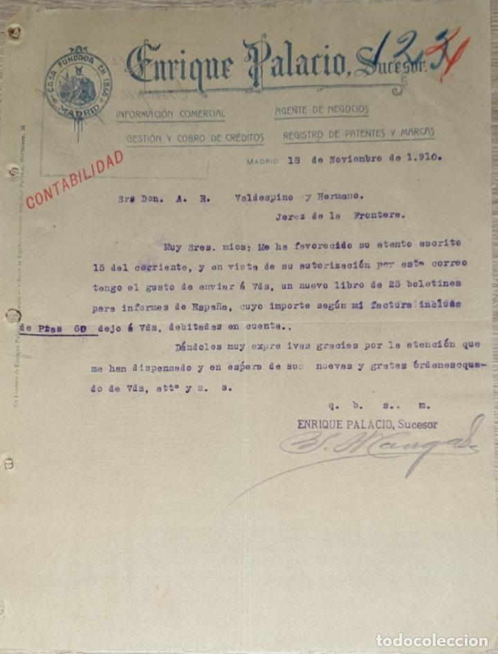 Gesch&auml;ftsbriefe: Carta comercial. Enrique Palacio Sucesor. Agente de negocios. Madrid. Espa&ntilde;a 1910