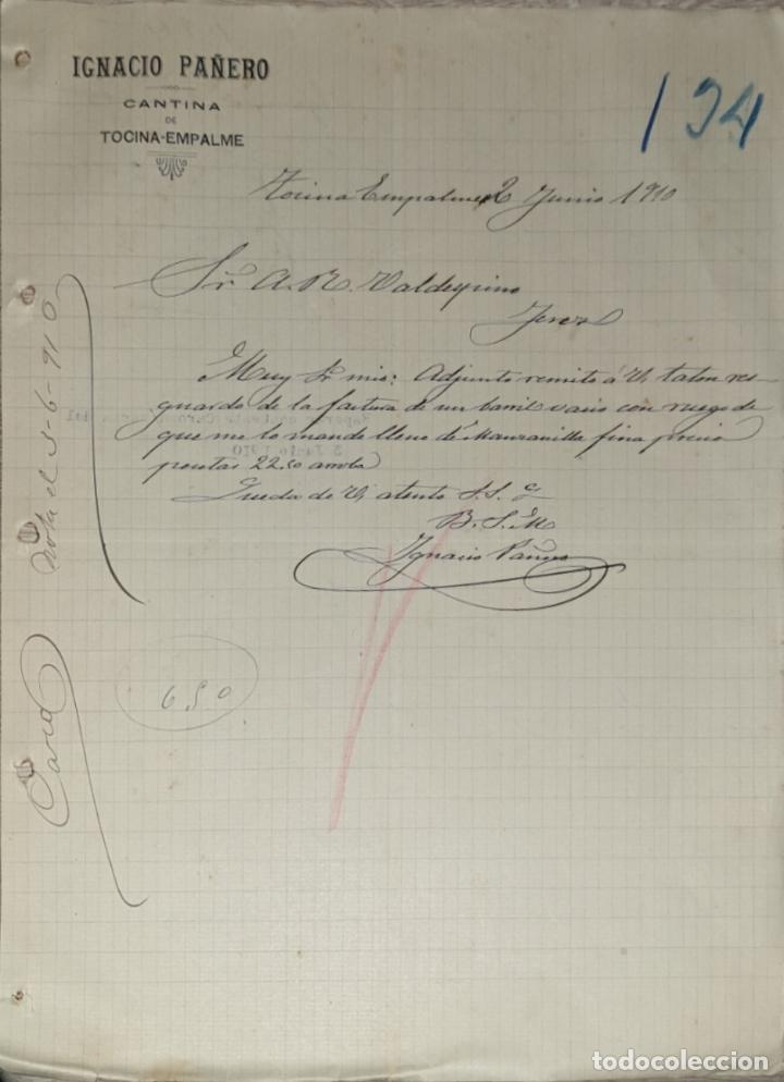 Gesch&auml;ftsbriefe: Carta comercial. Ignacio Pa&ntilde;ero. Cantina. Tocina-Empalme. Sevilla. Espa&ntilde;a 1910