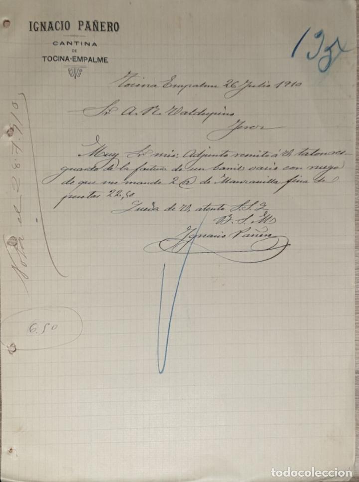 Gesch&auml;ftsbriefe: Carta comercial. Ignacio Pa&ntilde;ero. Cantina. Tocina-Empalme. Sevilla. Espa&ntilde;a 1910