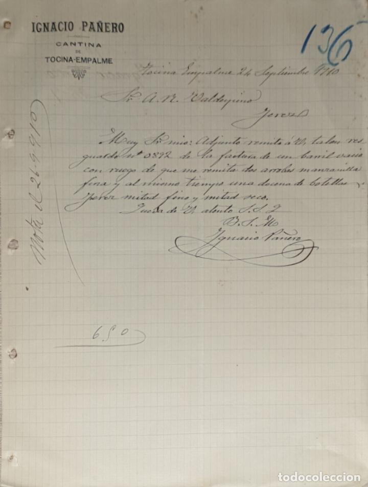 Gesch&auml;ftsbriefe: Carta comercial. Ignacio Pa&ntilde;ero. Cantina. Tocina-Empalme. Sevilla. Espa&ntilde;a 1910