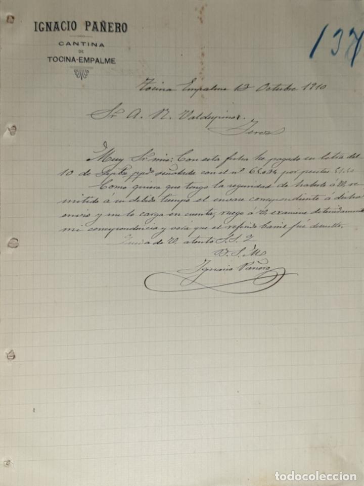 Gesch&auml;ftsbriefe: Carta comercial. Ignacio Pa&ntilde;ero. Cantina. Tocina-Empalme. Sevilla. Espa&ntilde;a 1910