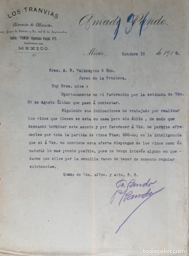 Gesch&auml;ftsbriefe: Carta comercial. Amado Pando. Los Tranv&iacute;as. Almac&eacute;n Abarrotes. M&eacute;xico 1910
