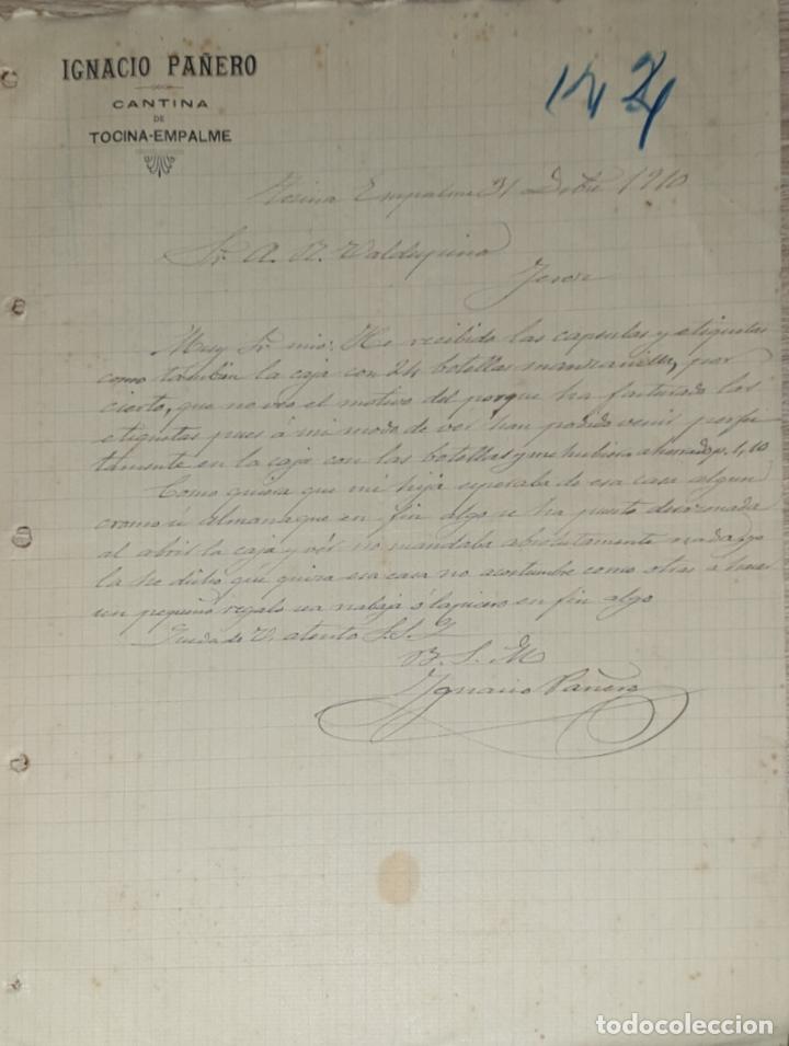Gesch&auml;ftsbriefe: Carta comercial. Ignacio Pa&ntilde;ero. Cantina. Tocina-Empalme. Sevilla. Espa&ntilde;a 1910