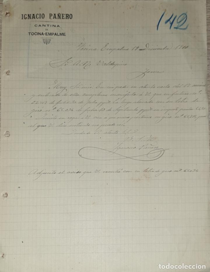 Gesch&auml;ftsbriefe: Carta comercial. Ignacio Pa&ntilde;ero. Cantina. Tocina-Empalme. Sevilla. Espa&ntilde;a 1910