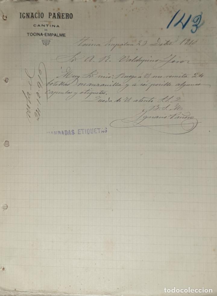 Gesch&auml;ftsbriefe: Carta comercial. Ignacio Pa&ntilde;ero. Cantina. Tocina-Empalme. Sevilla. Espa&ntilde;a 1910