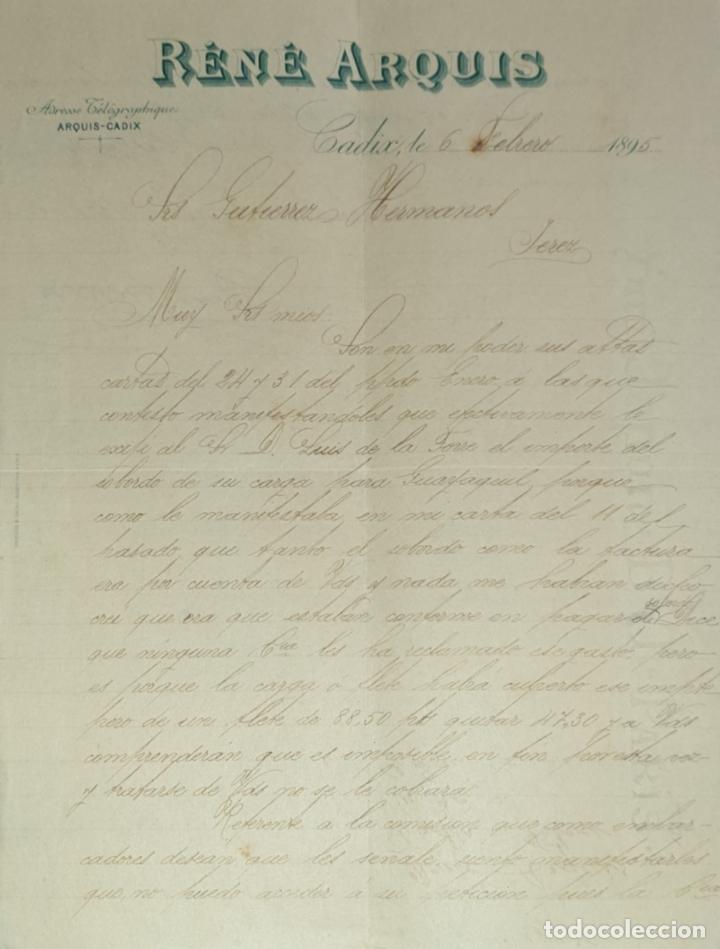 Lettres commerciales: Carta comercial. R&eacute;n&eacute; Arquis. C&aacute;diz. Espa&ntilde;a 1895