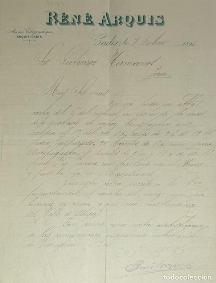 Lettres commerciales: Carta comercial. R&eacute;n&eacute; Arquis. C&aacute;diz. Espa&ntilde;a 1895