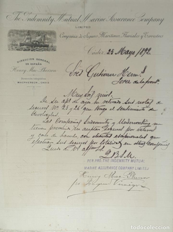 Lettres commerciales: Carta comercial. The Indemnity Mutual Marine Assurance Company. Seguros. C&aacute;diz 1892