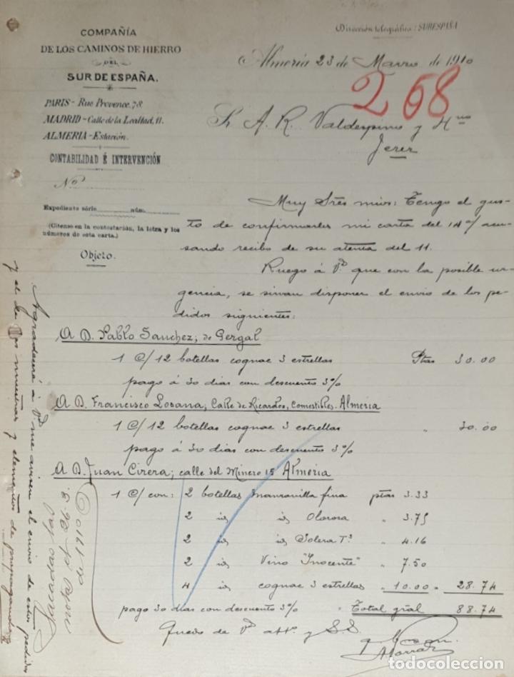 Gesch&auml;ftsbriefe: Carta comercial. Compa&ntilde;&iacute;a de los caminos de hierro del Sur de Espa&ntilde;a. Almer&iacute;a 1910