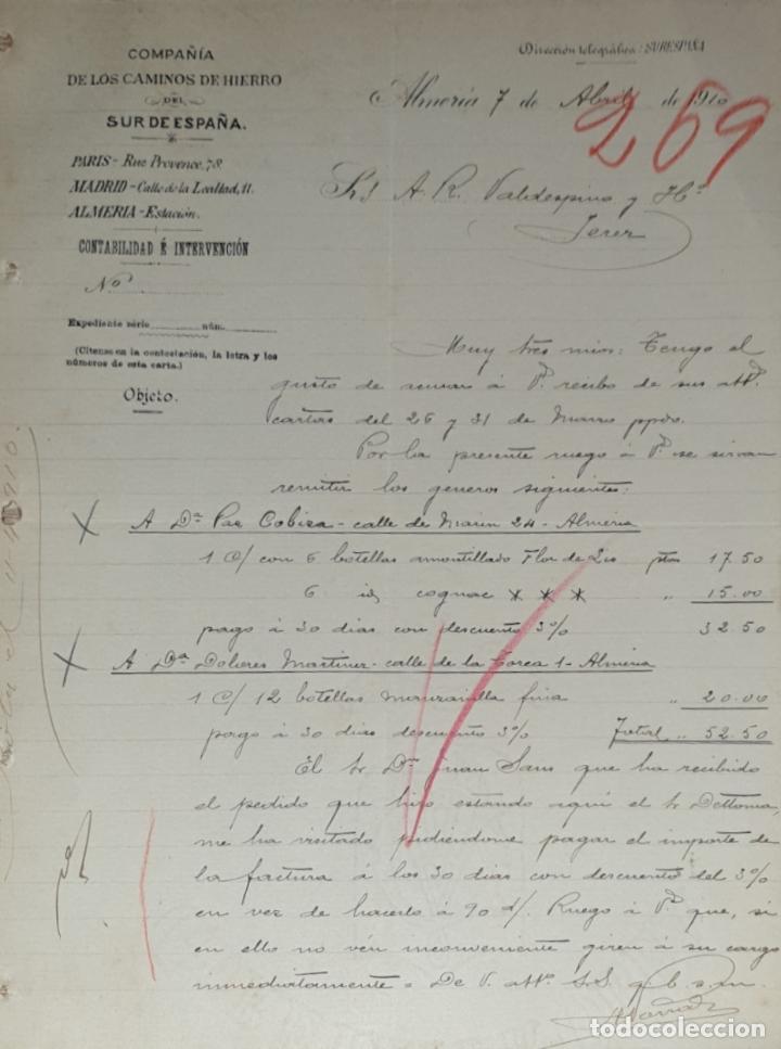 Gesch&auml;ftsbriefe: Carta comercial. Compa&ntilde;&iacute;a de los caminos de hierro del Sur de Espa&ntilde;a. Almer&iacute;a 1910