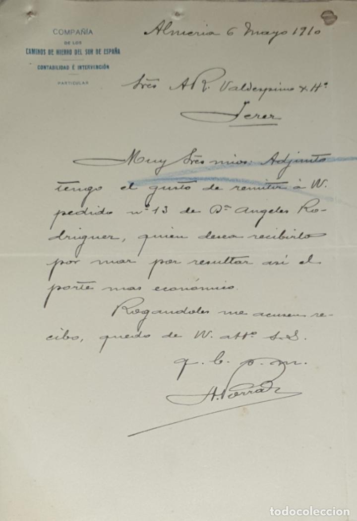 Gesch&auml;ftsbriefe: Carta comercial. Compa&ntilde;&iacute;a de los caminos de hierro del Sur de Espa&ntilde;a. Almer&iacute;a 1910