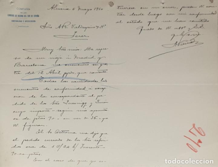 Gesch&auml;ftsbriefe: Carta comercial. Compa&ntilde;&iacute;a de los caminos de hierro del Sur de Espa&ntilde;a. Almer&iacute;a 1910