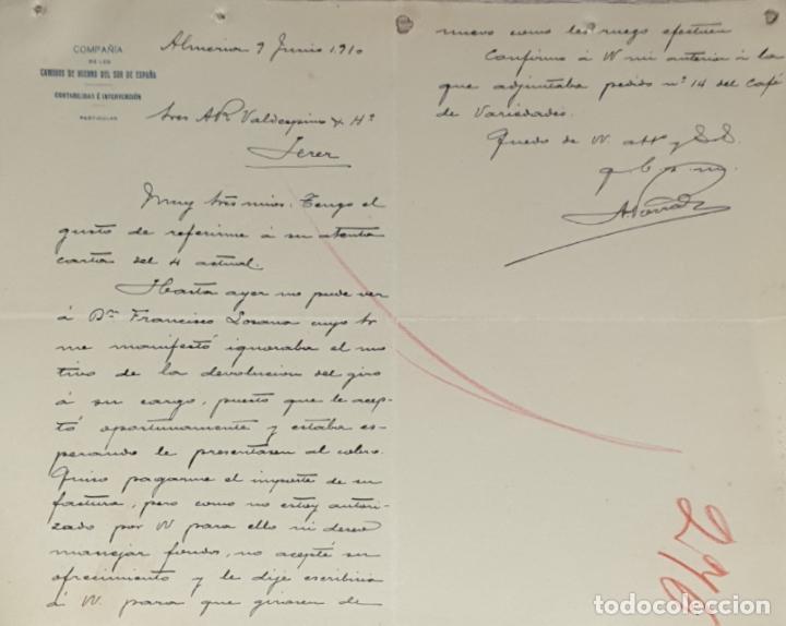 Gesch&auml;ftsbriefe: Carta comercial. Compa&ntilde;&iacute;a de los caminos de hierro del Sur de Espa&ntilde;a. Almer&iacute;a 1910