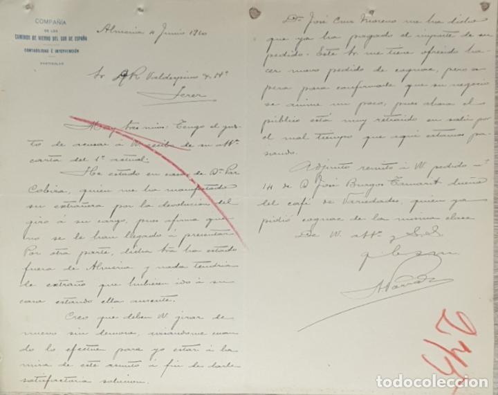 Gesch&auml;ftsbriefe: Carta comercial. Compa&ntilde;&iacute;a de los caminos de hierro del Sur de Espa&ntilde;a. Almer&iacute;a 1910