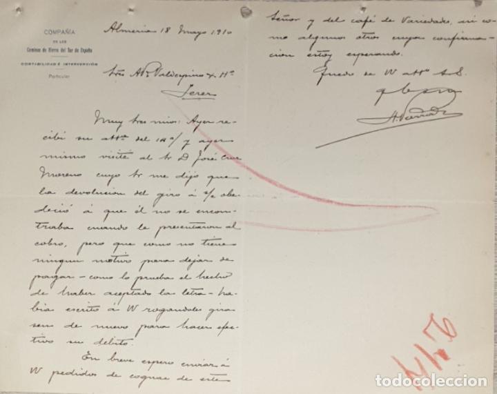 Gesch&auml;ftsbriefe: Carta comercial. Compa&ntilde;&iacute;a de los caminos de hierro del Sur de Espa&ntilde;a. Almer&iacute;a 1910