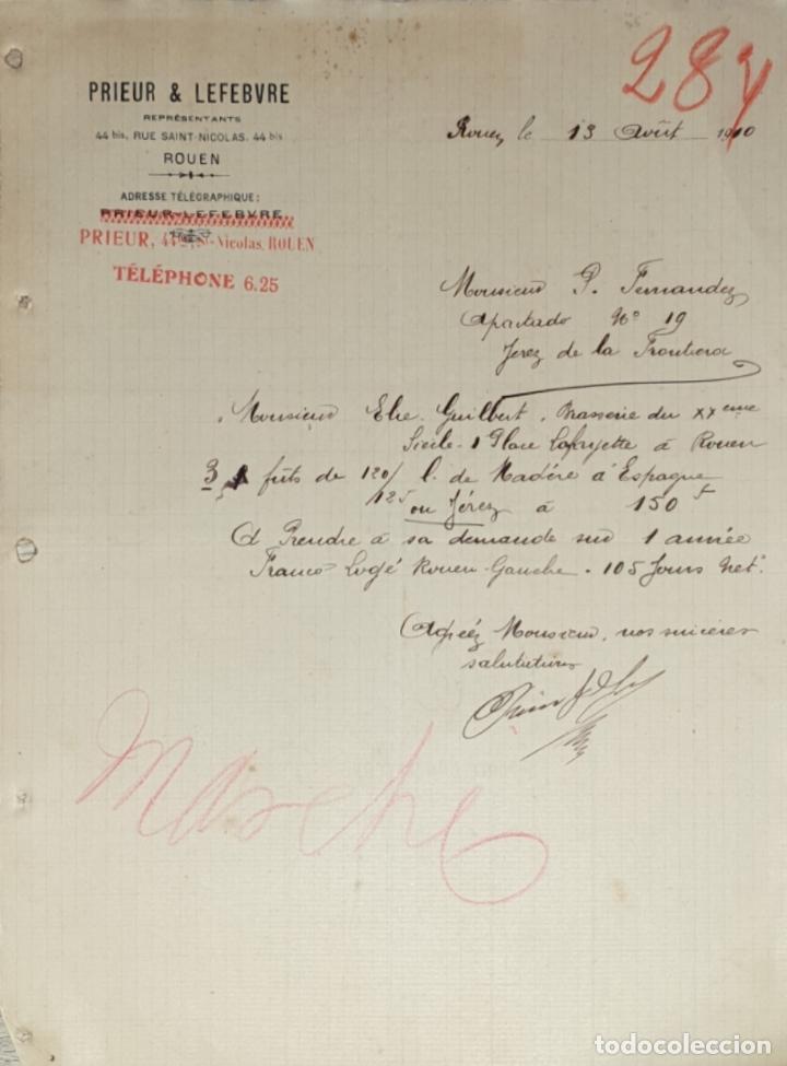 Gesch&auml;ftsbriefe: Carta comercial. Prieur & Lefebvre. Representants. Rouen. Francia 1910