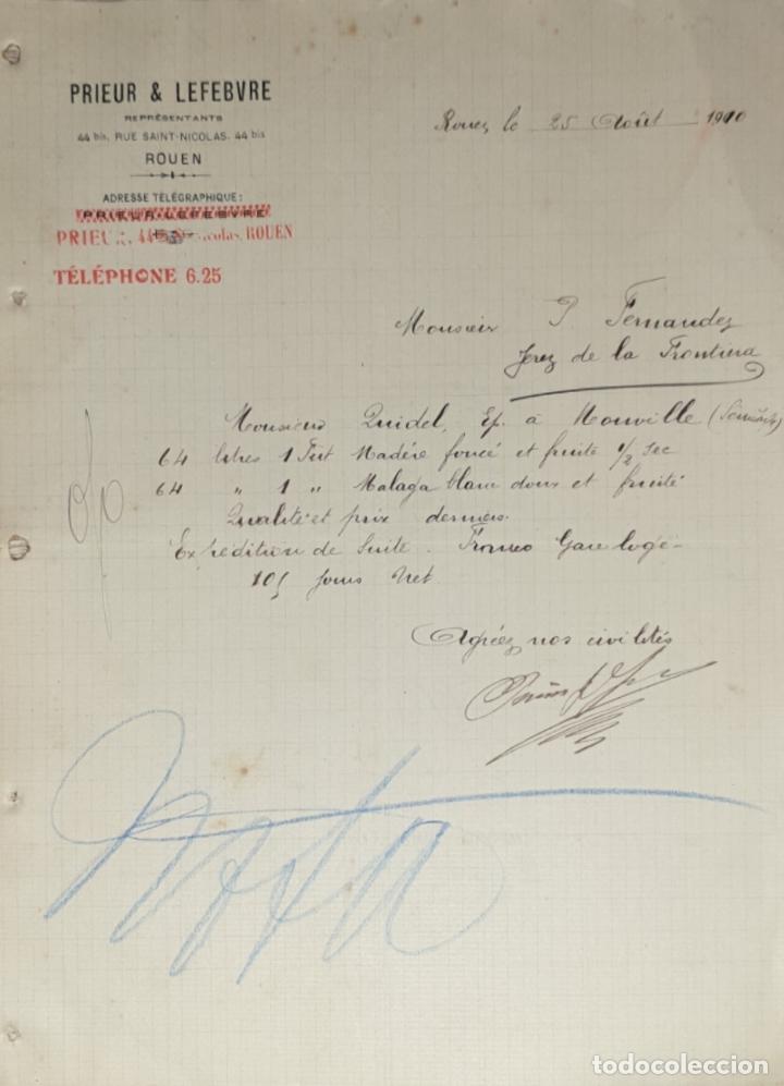 Gesch&auml;ftsbriefe: Carta comercial. Prieur & Lefebvre. Representants. Rouen. Francia 1910