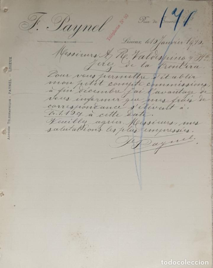 Gesch&auml;ftsbriefe: Carta comercial. F. Paynel. Lisieux. Francia 1910