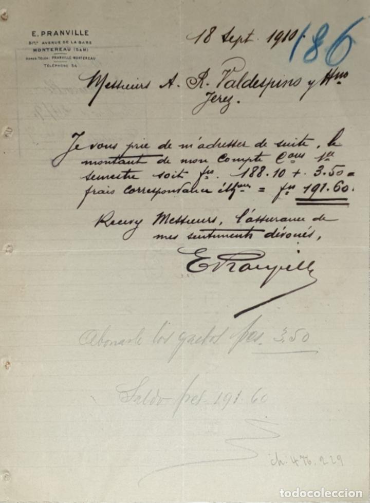 Gesch&auml;ftsbriefe: Carta comercial. E. Pranville. Montereau. Francia 1910