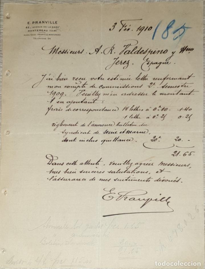 Gesch&auml;ftsbriefe: Carta comercial. E. Pranville. Montereau. Francia 1910