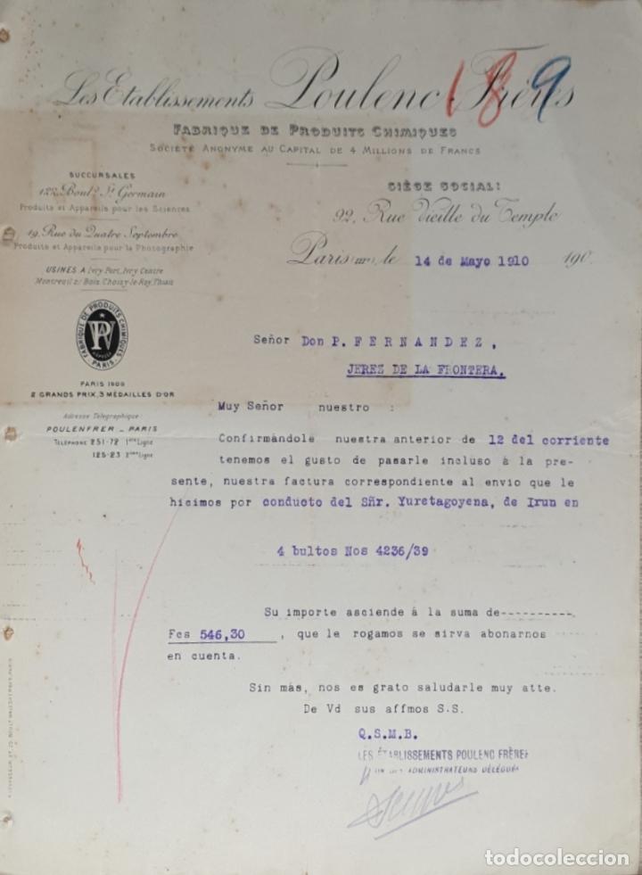 Gesch&auml;ftsbriefe: Carta comercial. Les Etablissements Poulenc Fr&eacute;res. Fabrique de produits Chimiques. Paris 1910