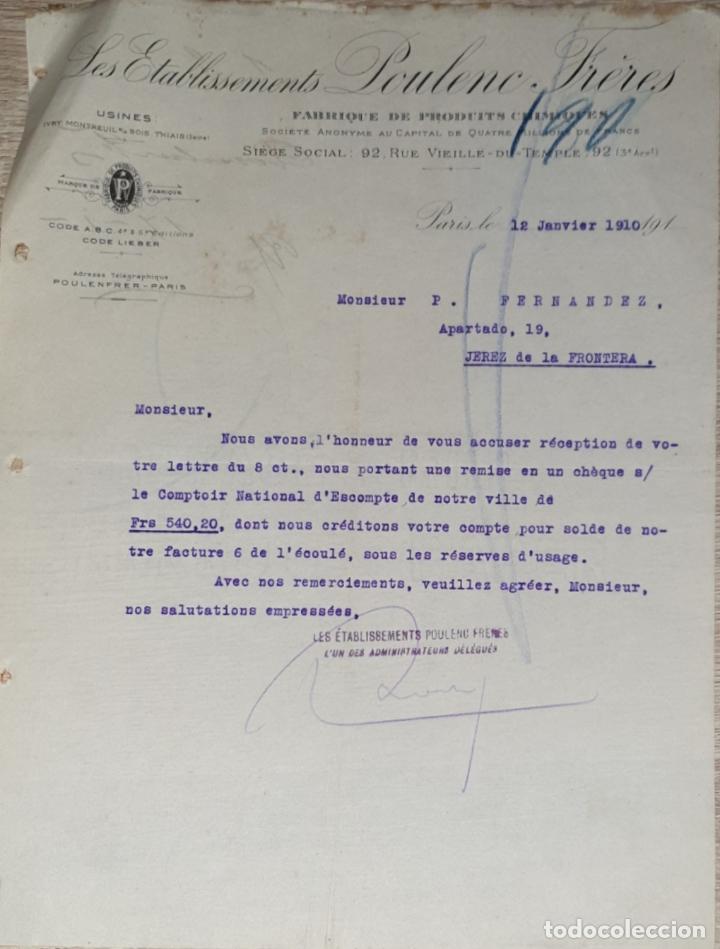 Gesch&auml;ftsbriefe: Carta comercial. Les Etablissements Poulenc Fr&eacute;res. Fabrique de produits Chimiques. Paris 1910