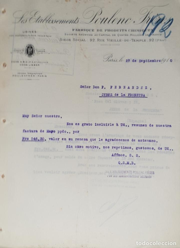 Gesch&auml;ftsbriefe: Carta comercial. Les Etablissements Poulenc Fr&eacute;res. Fabrique de produits Chimiques. Paris 1910